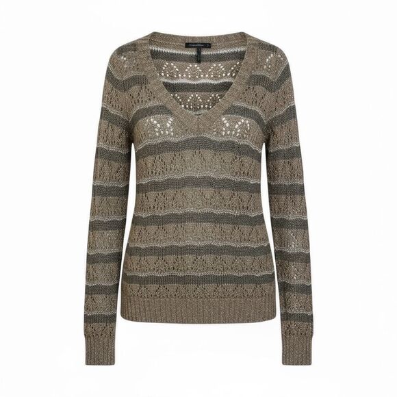Guess Striped Wool Blend Open Knit Metallic V-Neck Sweater Taupe Gray Size Small - Picture 1 of 11